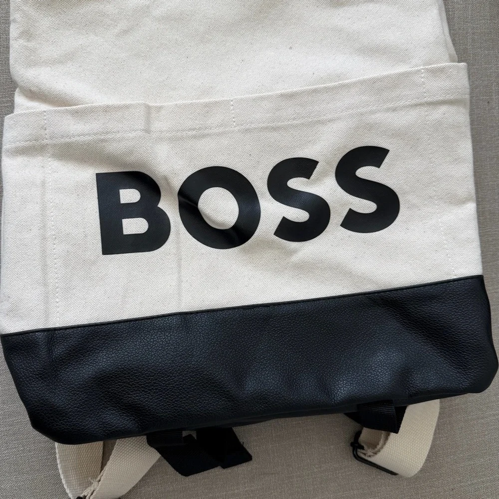 Hugo Boss Canvas Faux Leather Backpack Tote Black White Logo Unisex Casual